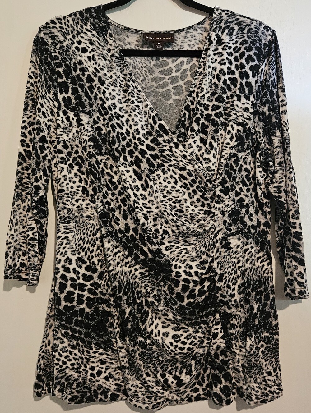 Dana Buchman Women’s XL Faux Wrap Top Leopard Print Black White 3/4 Sleeve